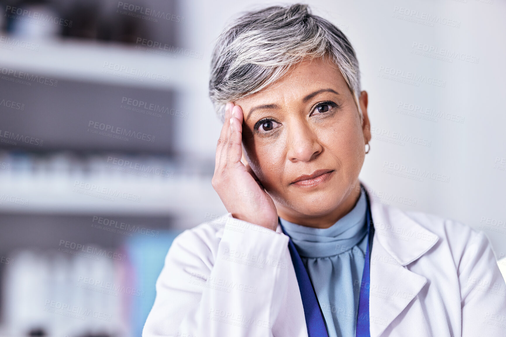 Buy stock photo Scientist portrait, headache and senior woman depressed about clinic mistake mental health problem or healthcare anxiety. Face, migraine pain and lab person stress from science risk, burnout or fail