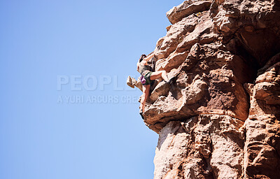 Buy stock photo Fitness, rock climbing and space with woman on mountain for sports, adventure and challenge. Fearless, workout and hiking with person on training cliff for travel, freedom and exercise mockup