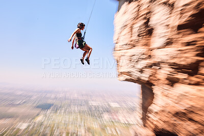Buy stock photo Sports, rock climbing and jump with woman on mountain for fitness, adventure and challenge. Fearless, workout and hiking with person training on cliff for travel, freedom and exercise mockup
