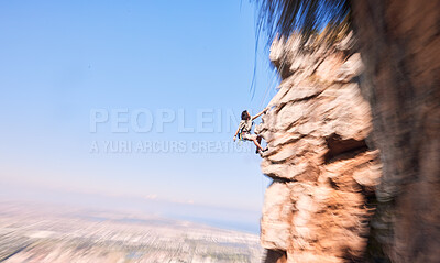 Buy stock photo Explore, rock climbing and space with man on mountain for fitness, adventure and challenge. Sports, workout and hiking with person training on cliff in nature for travel, freedom and exercise mockup