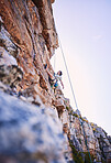 Rock climbing, fitness and sports with man in nature for mountains, explore and adventure. Health, exercise and travel with person training on cliff for rope, challenge and performance mockup