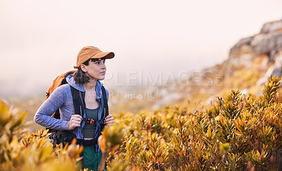 Buy stock photo Mountains, hiking and woman thinking of nature journey, travel and outdoor adventure in bush or plants. Young person in South Africa search field or location for trekking and walking in backpack gear