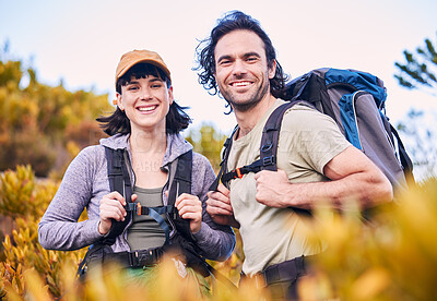 Buy stock photo Hiking, fitness and portrait of couple in nature for adventure, holiday and journey on mountain. Travel, dating and happy man and woman walking to explore, trekking and backpack outdoors for wellness