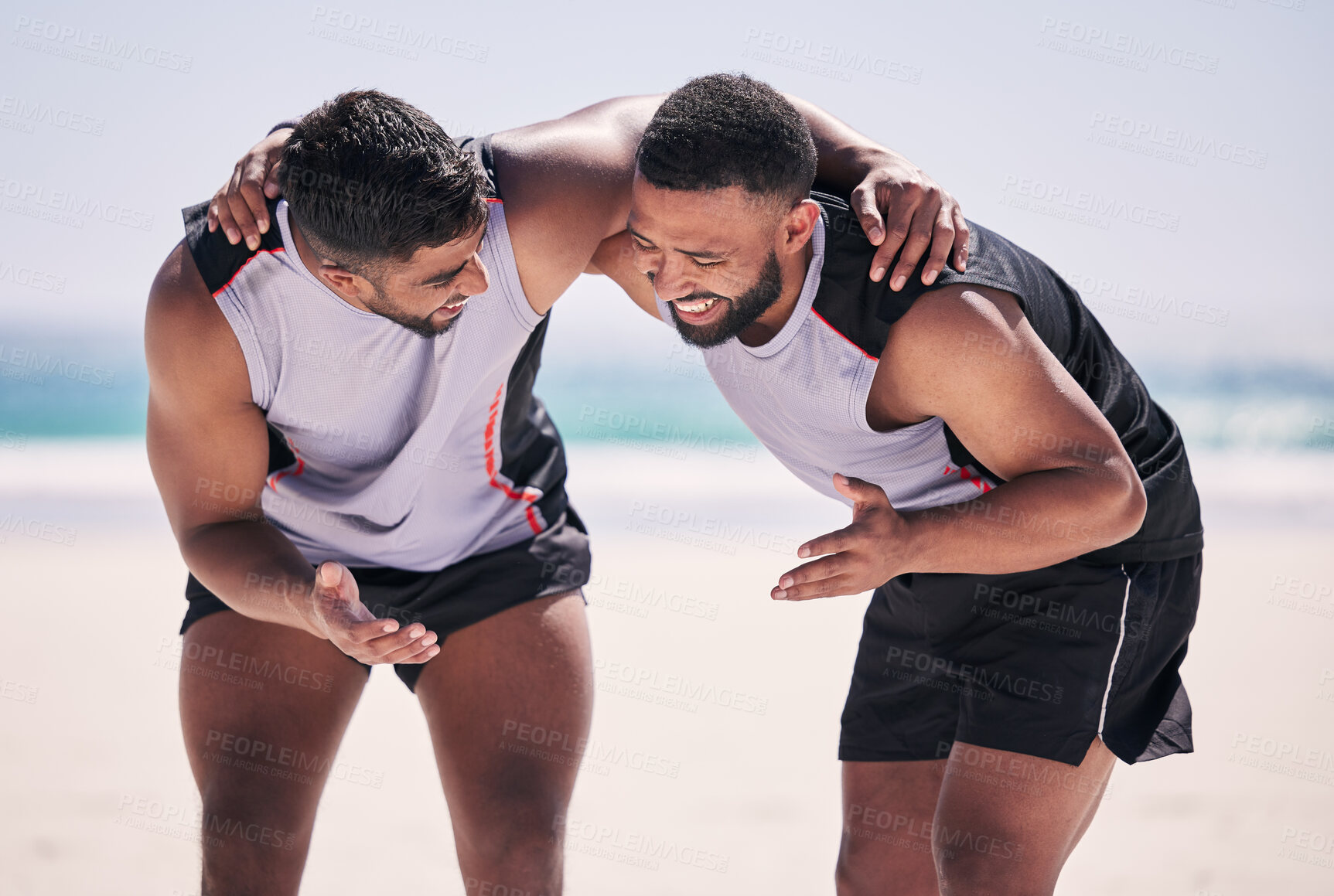 Buy stock photo Teamwork, beach or men planning a volleyball strategy for sports motivation, mission or support in summer. Smile, fitness match or happy athletes in huddle for goals, target or training game outdoors