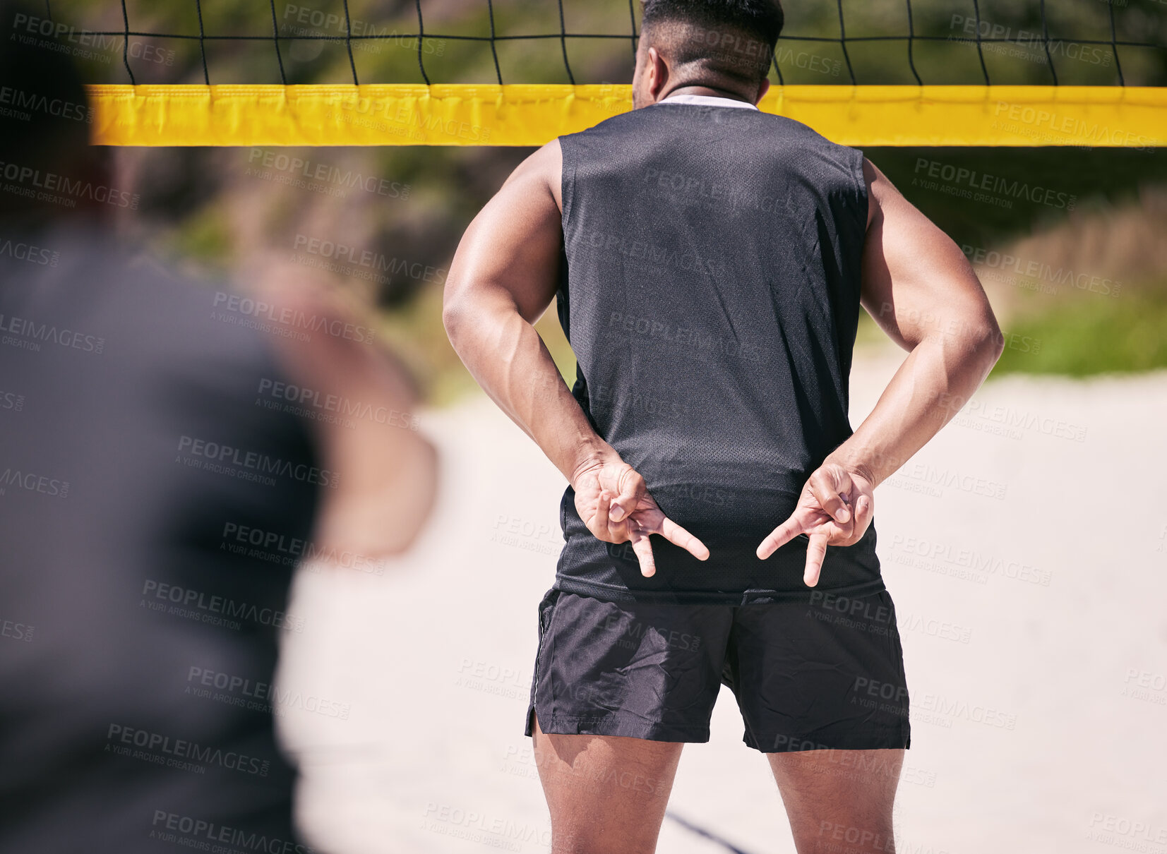 Buy stock photo Beach, back or man with volleyball hand gesture for communication, strategy or block signal. Sports, fitness or healthy athlete with sign ready for workout, match or fun game outdoors in summer  