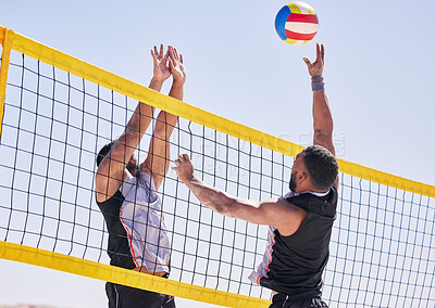 Buy stock photo Beach, volleyball and team with competition at ocean and sea with exercise, sport and fitness. Summer, outdoor and training people playing for health, action games and workout with ball in nature