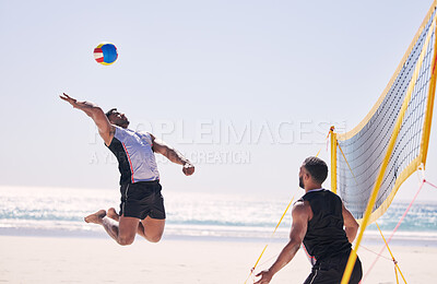 Buy stock photo Beach, volleyball serve and team with competition at ocean and sea with exercise, sport and fitness. Summer, outdoor and training people playing for health, action game and workout activity in nature