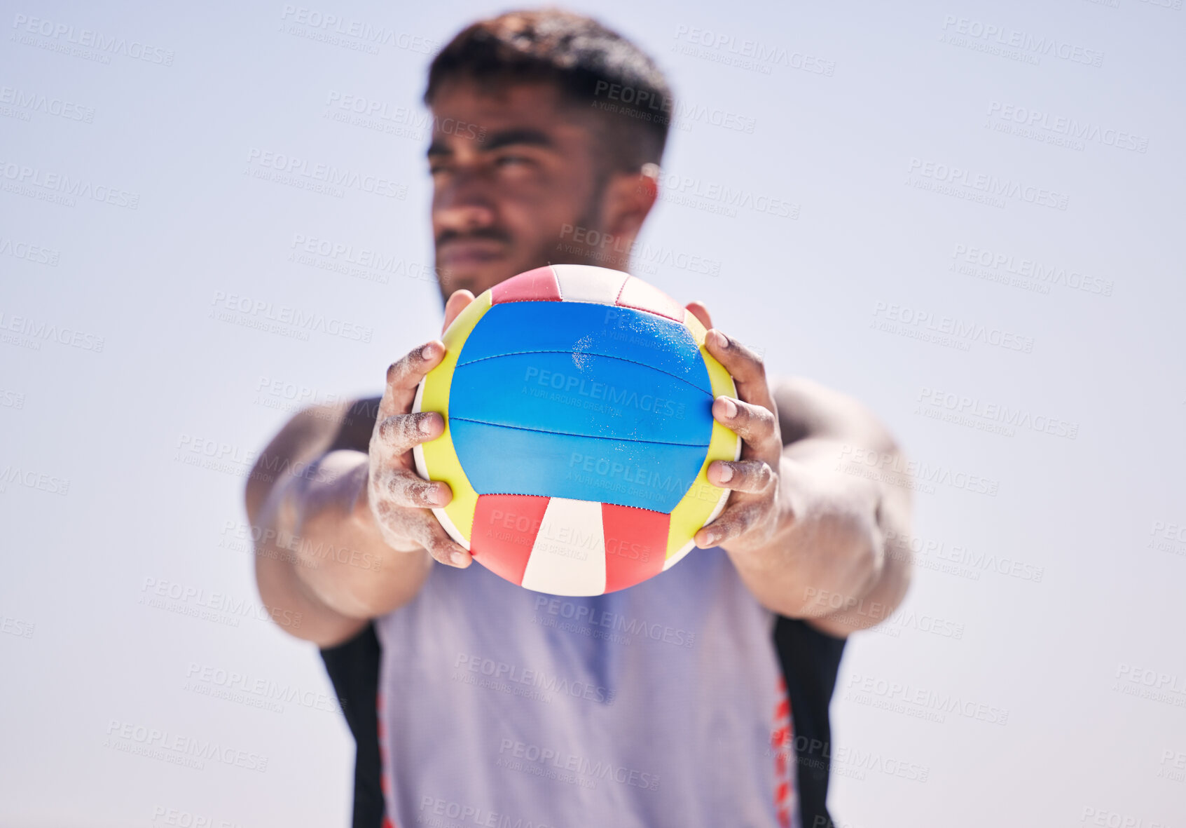 Buy stock photo Beach, fitness or man with volleyball to serve for game, workout training or sports training in summer. Thinking, athlete or hands of player holding ball ready to start contest or exercise at ocean 