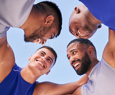 Buy stock photo Teamwork, low angle or happy men in huddle with volleyball match strategy for motivation, mission or support. Fitness, smile or sports athletes planning goals, group target or training game together