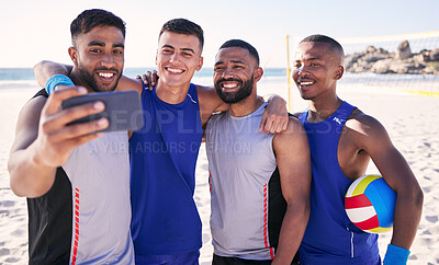 Buy stock photo Volleyball, smile or team selfie at beach with support in sports training, exercise or fitness workout. Sea, teamwork or happy men on mobile app for a social media picture or group photo after game