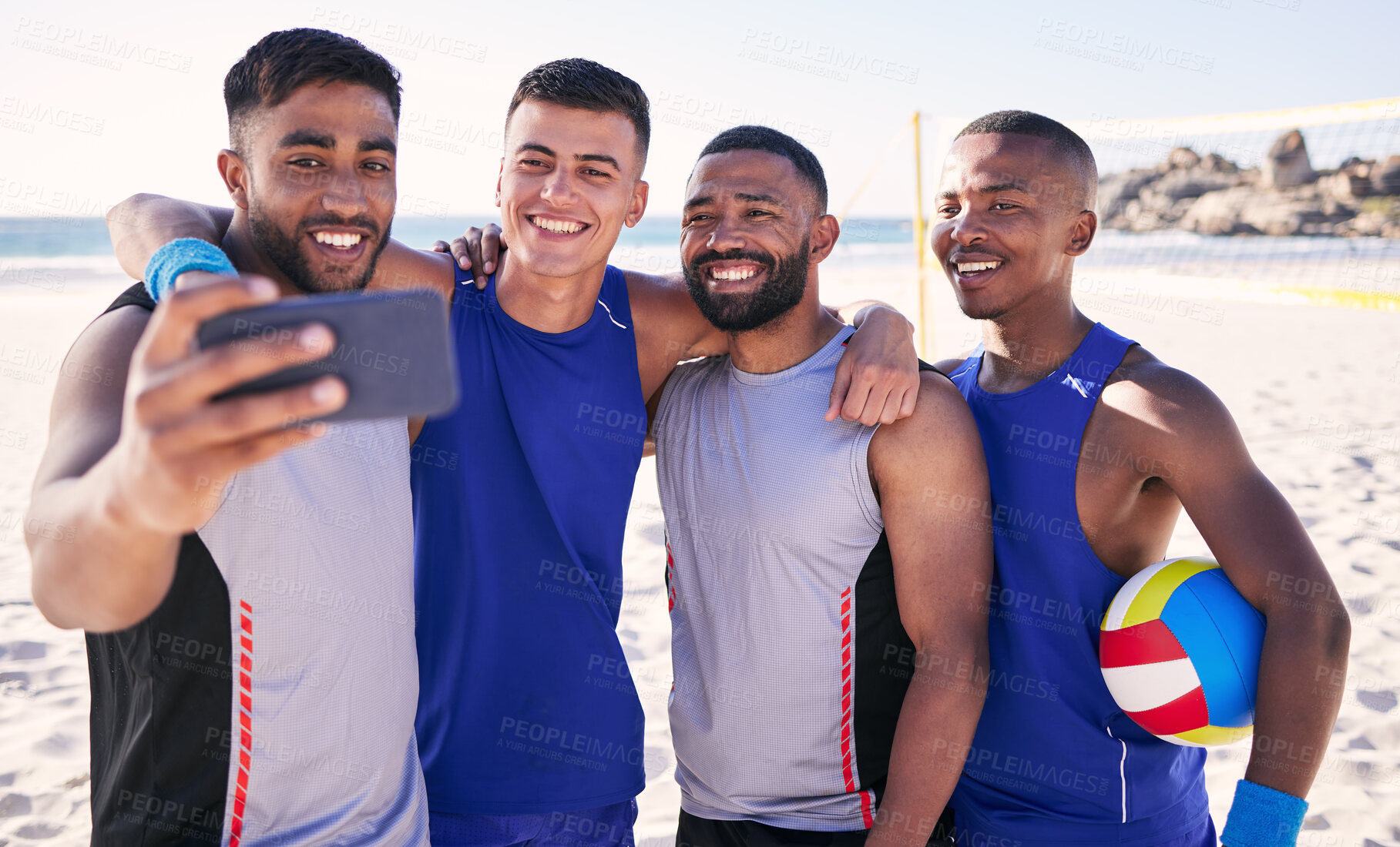 Buy stock photo Volleyball, smile or team selfie at beach with support in sports training, exercise or fitness workout. Sea, teamwork or happy men on mobile app for a social media picture or group photo after game