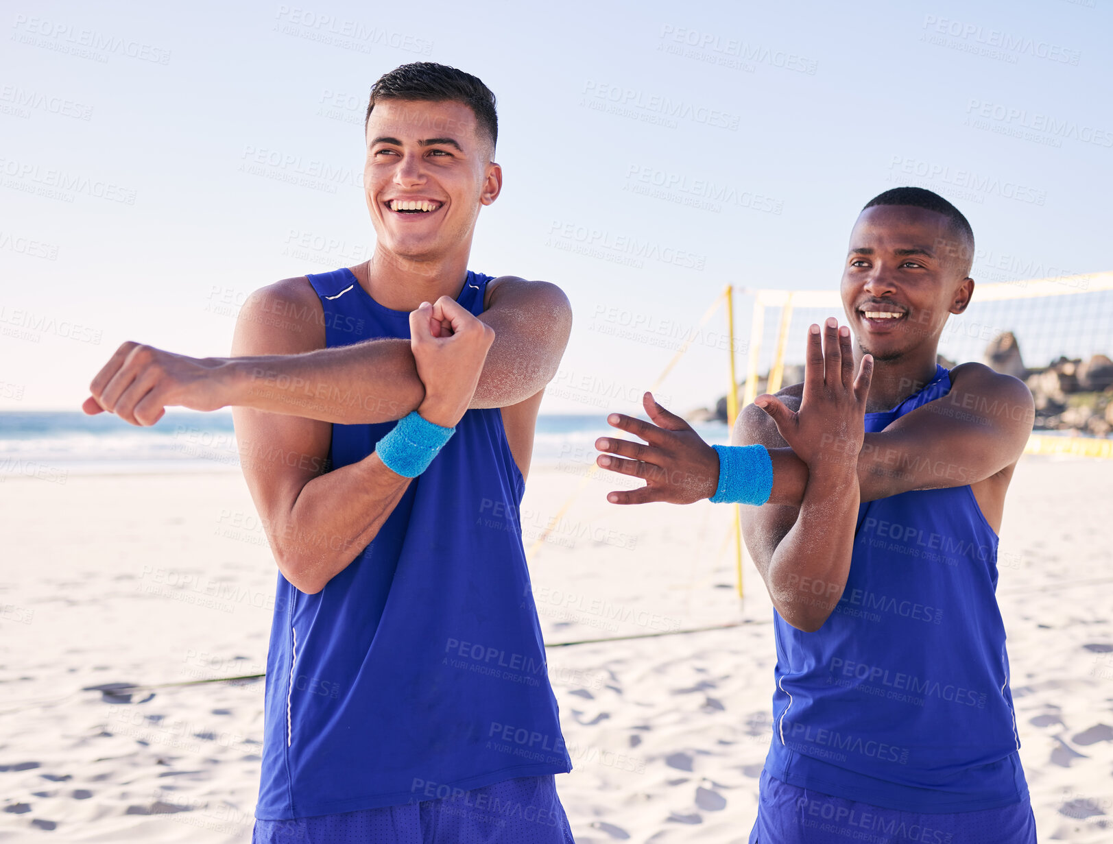 Buy stock photo Thinking, stretching or happy men at beach for volleyball exercise, training match or workout game. Fitness, sports or team in muscle warm up, preparation or ready to start activity or competition