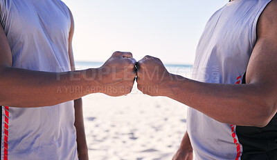 Buy stock photo Fist bump, fitness and teamwork with men on the beach for sports motivation together in unity or solidarity. Hands, exercise and support with an athlete team outdoor on the sand for competition