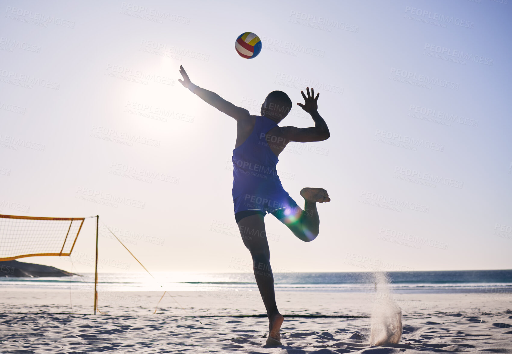 Buy stock photo Back, silhouette and a person with a volleyball at the beach for a game or sports competition. Fitness, nature and an athlete playing, training or doing cardio workout at the ocean in summer