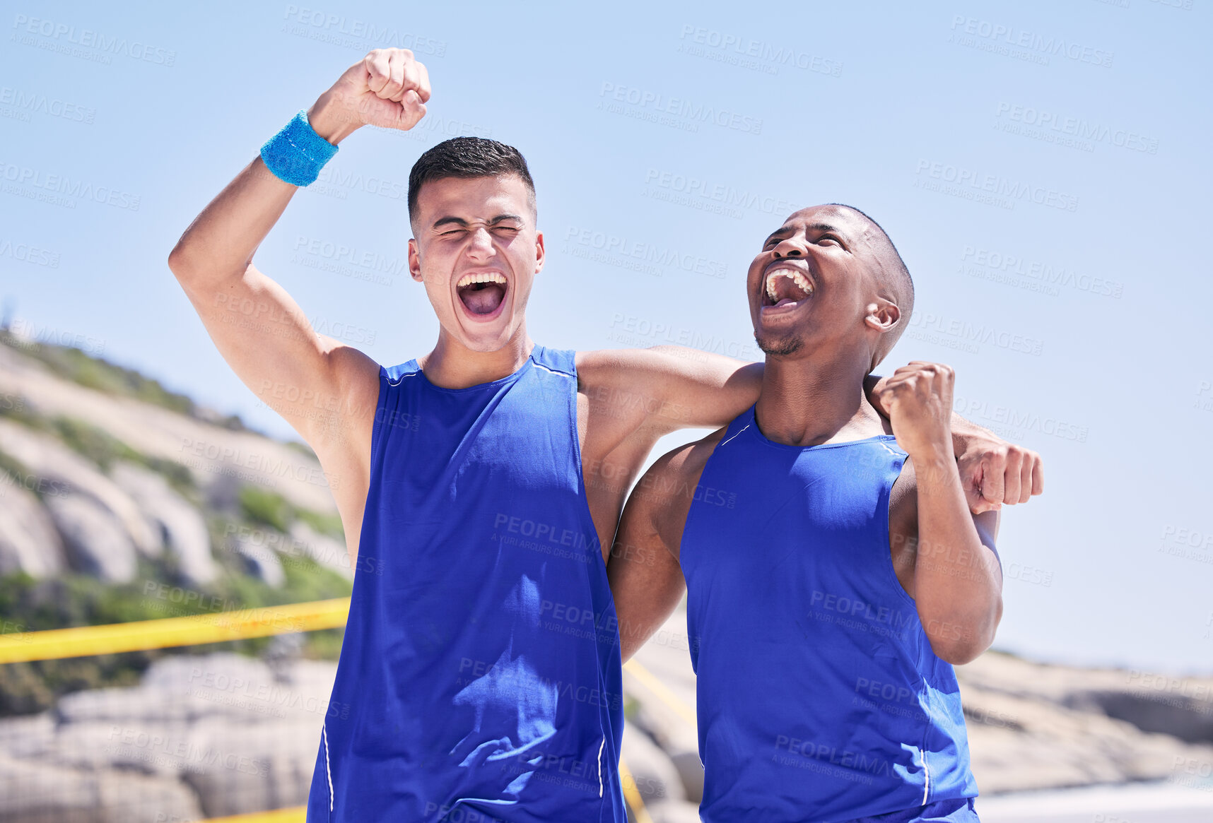 Buy stock photo Beach, volleyball and team celebration with excited smile at net with sports, fun and summer competition at sea. Energy, ocean games and winning volley challenge with men hugging, screaming and happy