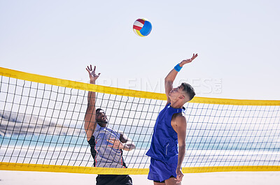 Beach, volleyball and men at net with sports action, fun and summer competition with motivation to win. Energy, ocean games and volley challenge with team hitting ball for goal at workout in nature.