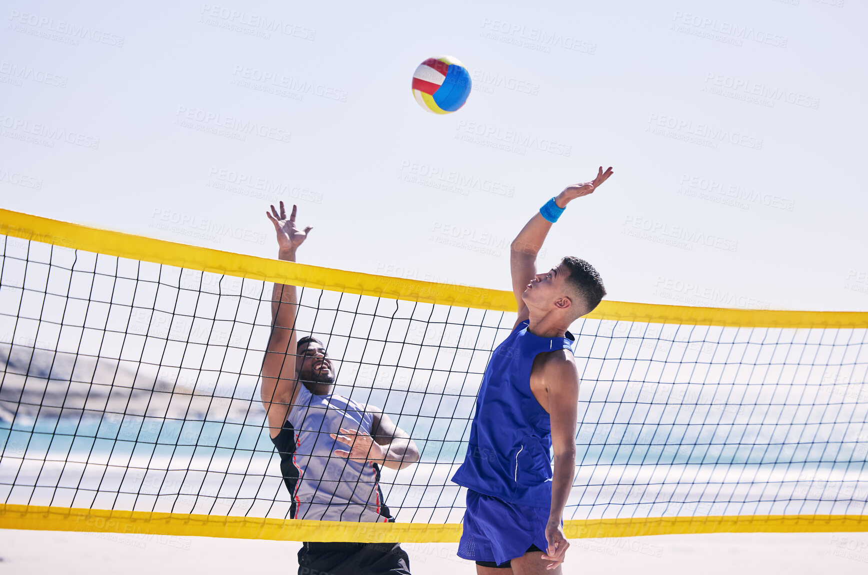 Buy stock photo Beach, volleyball and men at net with sports action, fun and summer competition with motivation to win. Energy, ocean games and volley challenge with team hitting ball for goal at workout in nature.