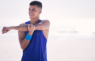 Buy stock photo Thinking, stretching or happy man at beach for volleyball exercise, training match or workout game. Fitness, sports or athlete in muscle warm up, preparation or ready to start activity or competition