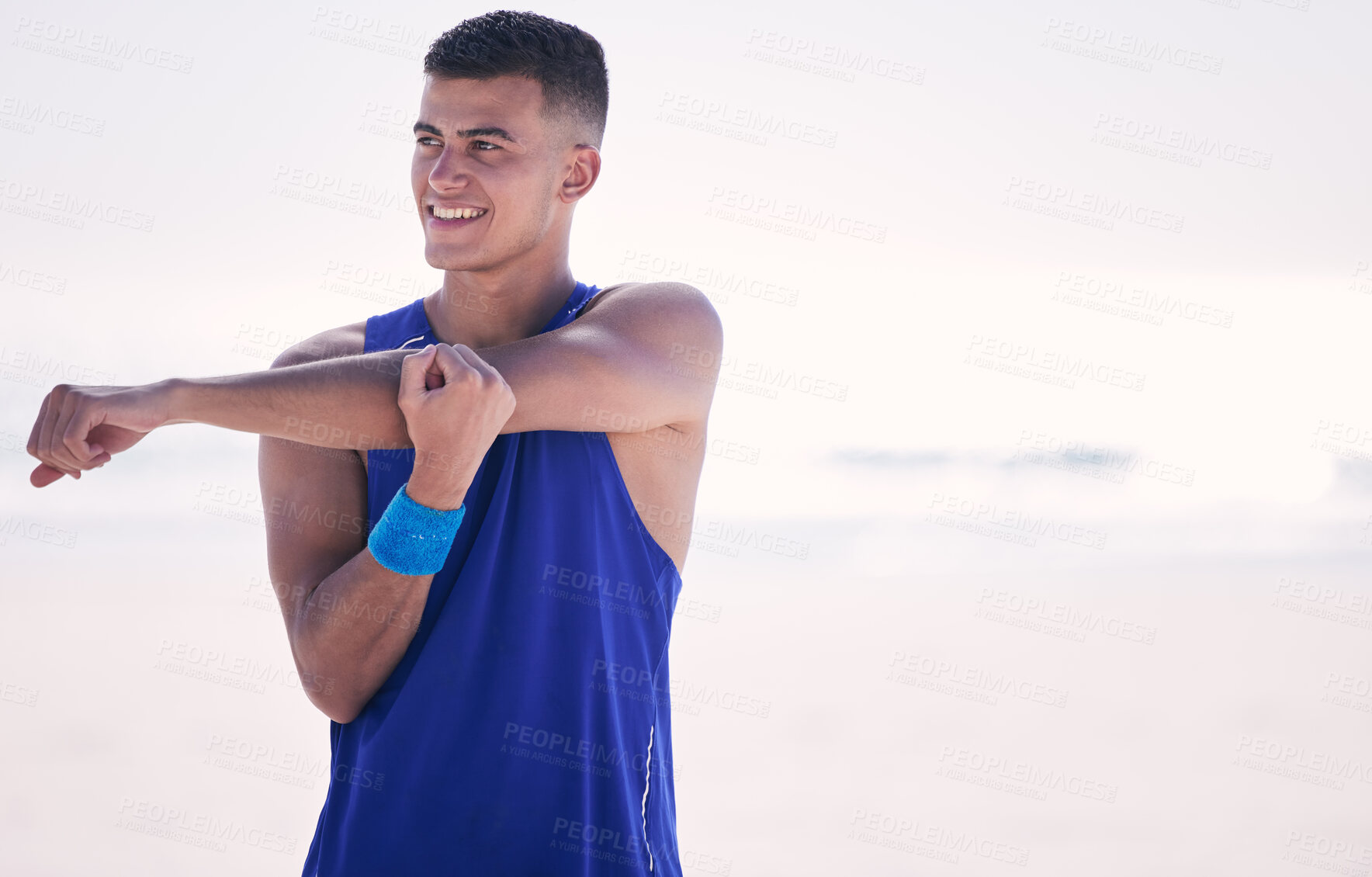 Buy stock photo Thinking, stretching or happy man at beach for volleyball exercise, training match or workout game. Fitness, sports or athlete in muscle warm up, preparation or ready to start activity or competition