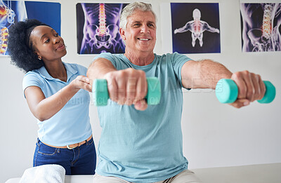 Buy stock photo Physiotherapy, dumbbells and senior man with black woman for help with training or workout at clinic. Physical therapy, support and nurse with patient or equipment for rehabilitation in nursing home.