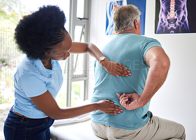 Buy stock photo Physiotherapy, chiropractor and senior man with back pain or physiotherapist consulting a patient for muscle injury. Arthritis, physical and medical professional help elderly person with massage