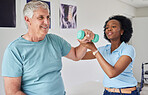 Black woman, help and senior man with dumbbells with training or workout at clinic. Physical therapist, patient and nurse with equipment in nursing home for wellness with smile for rehabilitation.