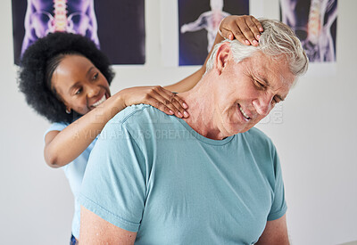 Buy stock photo Medical, neck pain and a black woman chiropractor with a patient in her office for rehabilitation treatment. Healthcare, injury and a senior man with a female medicine professional for physiotherapy