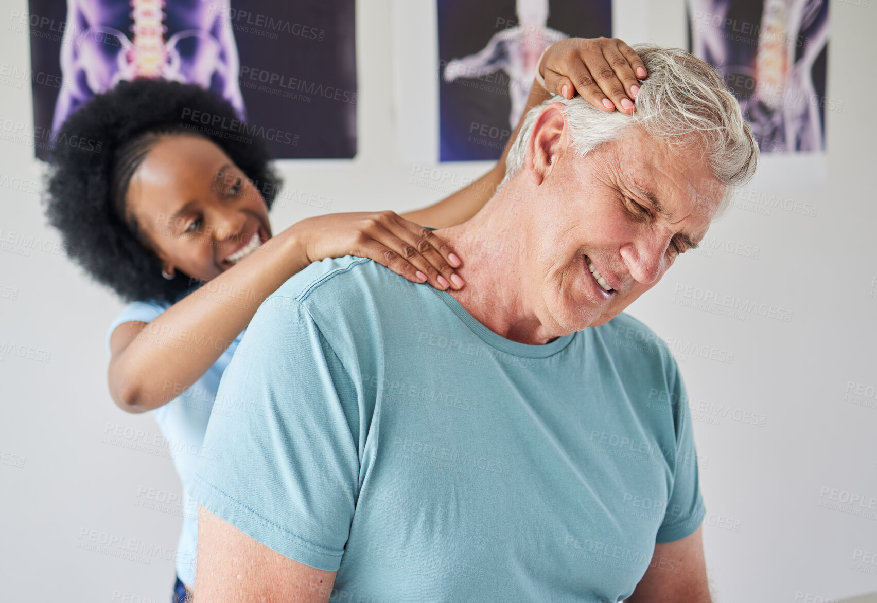 Buy stock photo Medical, neck pain and a black woman chiropractor with a patient in her office for rehabilitation treatment. Healthcare, injury and a senior man with a female medicine professional for physiotherapy