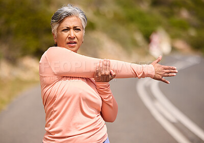 Buy stock photo Elderly woman, street and stretching for fitness, portrait and commitment for health, wellness and exercise in nature. Senior lady, runner and warm up muscle for workout, arm and mindset for training