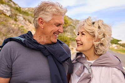 Buy stock photo Senior couple, smile and love for fitness, outdoor or nature for motivation, wellness or exercise. Elderly man, woman and romantic eye contact with bonding, training or workout in mountain for health