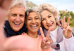 Senior friends, fitness and selfie outdoor with peace sign, portrait and diversity on social media. Happy old man, women and photography for memory, emoji or profile picture for workout in retirement