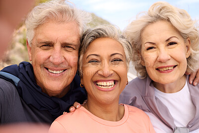 Buy stock photo Senior runner friends, selfie and nature with smile, fitness and portrait for diversity on social media. Old man, women and photography for memory, blog and profile picture for workout in retirement