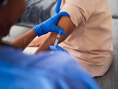 Buy stock photo Hands, nurse and needle for arm vaccine, medical and healthcare treatment for virus safety, flu and home wellness. Patient, doctor and person with injection syringe for medicine, covid and vitamin