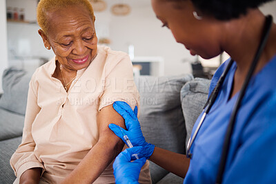 Buy stock photo Healthcare, black woman and doctor for a home vaccine, virus safety and security from covid. Smile, medicine and and African nurse with a senior patient and giving a vaccination during a consultation