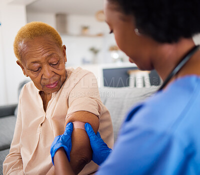 Buy stock photo Senior person, doctor and plaster for arm vaccine, medical and healthcare treatment for virus safety, flu and wellness. Black woman, elderly patient and nurse with injection bandage in nursing home