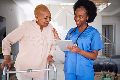 Buy stock photo Old woman, walker and disability, nurse and tablet, medical results and help, physical therapy and caregiver. Arthritis, osteoporosis and support, female people with rehabilitation and digital record