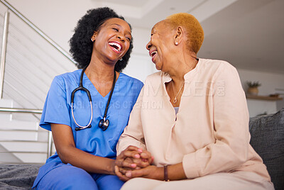 Buy stock photo Black people, nurse and patient laughing in elderly care for funny joke, comedy or humor together on sofa at home. Happy African medical professional enjoying time with senior female person in house