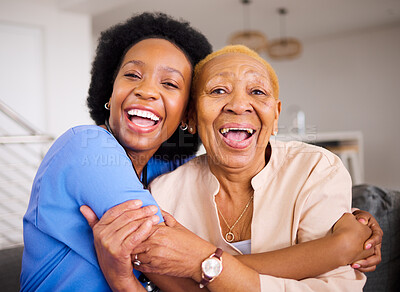 Buy stock photo Black people, nurse and patient hug in elderly care for love, support and trust together on sofa at home. Portrait of happy African medical caregiver enjoying time with senior female person in house
