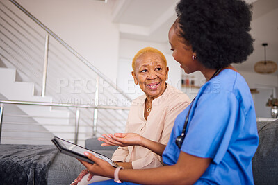 Buy stock photo Health support, nurse and a black woman with a tablet for medical information or advice online. Smile, conversation and an African nurse helping a senior patient with healthcare on an app in a house