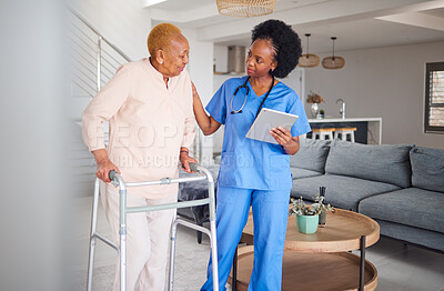 Buy stock photo Old woman, walker and nurse with tablet, disability and health and help, physical therapy and medical results. Arthritis, osteoporosis and support, digital record and female people in rehabilitation