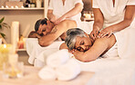 Relax, hands and an old couple at the spa for a massage together for peace, wellness or bonding. Luxury, treatment or body care with a senior woman and man in a beauty salon for physical therapy