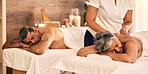 Beauty, senior and a couple at the spa for a massage together for peace, wellness or bonding. Relax, luxury resort or body care with an old woman and man in a beauty salon for physical therapy