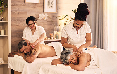 Buy stock photo Relax, happy and an old couple at the spa for a massage together for peace, wellness or bonding. Luxury, hospitality or body care with a senior woman and man in a beauty salon for physical therapy