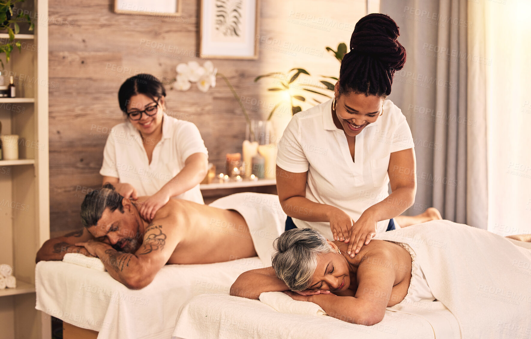 Buy stock photo Relax, happy and an old couple at the spa for a massage together for peace, wellness or bonding. Luxury, hospitality or body care with a senior woman and man in a beauty salon for physical therapy