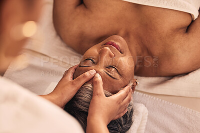 Buy stock photo Woman, relax and spa for head massage, skincare detox or holistic zen therapy at beauty salon from above. Face, calm and mature female client at wellness resort for reiki, peace or facial acupressure