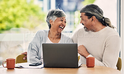Buy stock photo Senior couple, laptop and laughing with retirement paperwork, manage finance and funny together at home. People do taxes online, pension policy documents and budget, happy woman and man with comedy