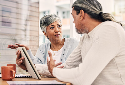 Buy stock photo Senior,  couple digital tablet with tax forms at a cafe for finance, budget and planning. Retirement, savings and old people online at coffee shop with investment, growth or mortgage loan discussion