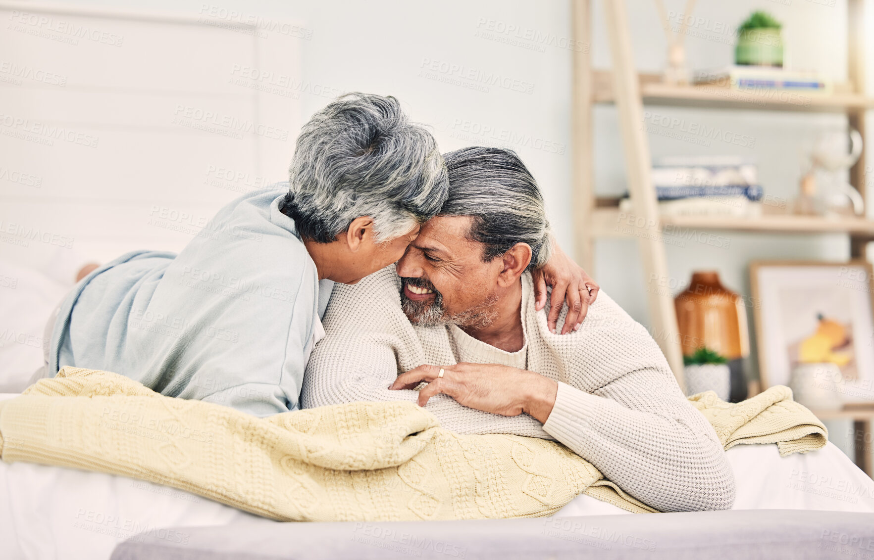 Buy stock photo Love forehead or old couple in bedroom to relax, enjoy romance or morning time together at home. Compassion, senior woman or happy elderly man hugging or bonding with support or smile in retirement