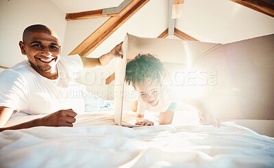 Buy stock photo Portrait, box and father with girl in new home on bed, bonding and play in property with lens flare. Real estate, bedroom and dad with child, happy and relax in apartment, house and moving together.