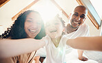 Family, funny and face selfie in house, bonding and laughing together with sunshine lens flare. Portrait, happy or girl with father, mother and parents with profile picture for memory on social media